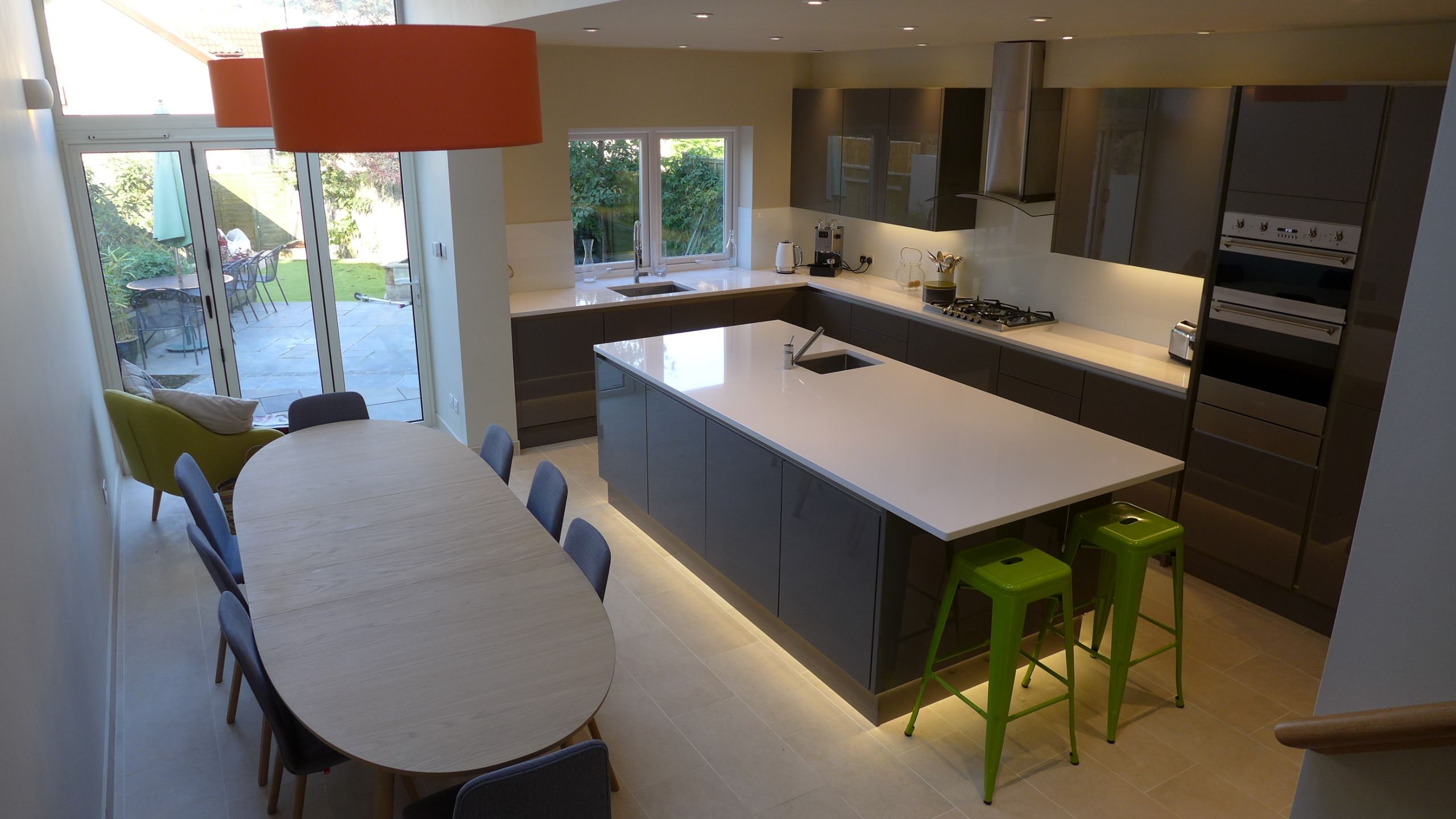 for kitchen design in Bath, Style Within designed and installed this gloss grey kitchen with white quartz worktop and white glass splashback