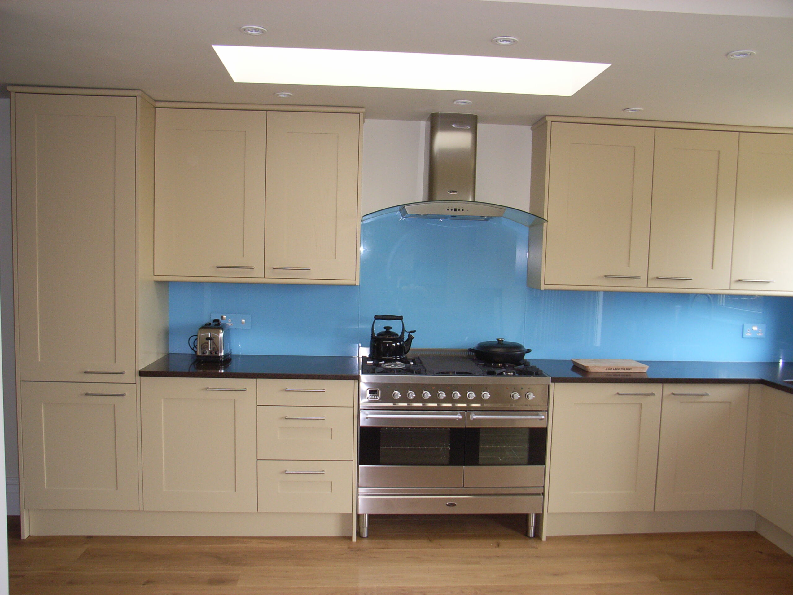 kitchen with blue splashback
