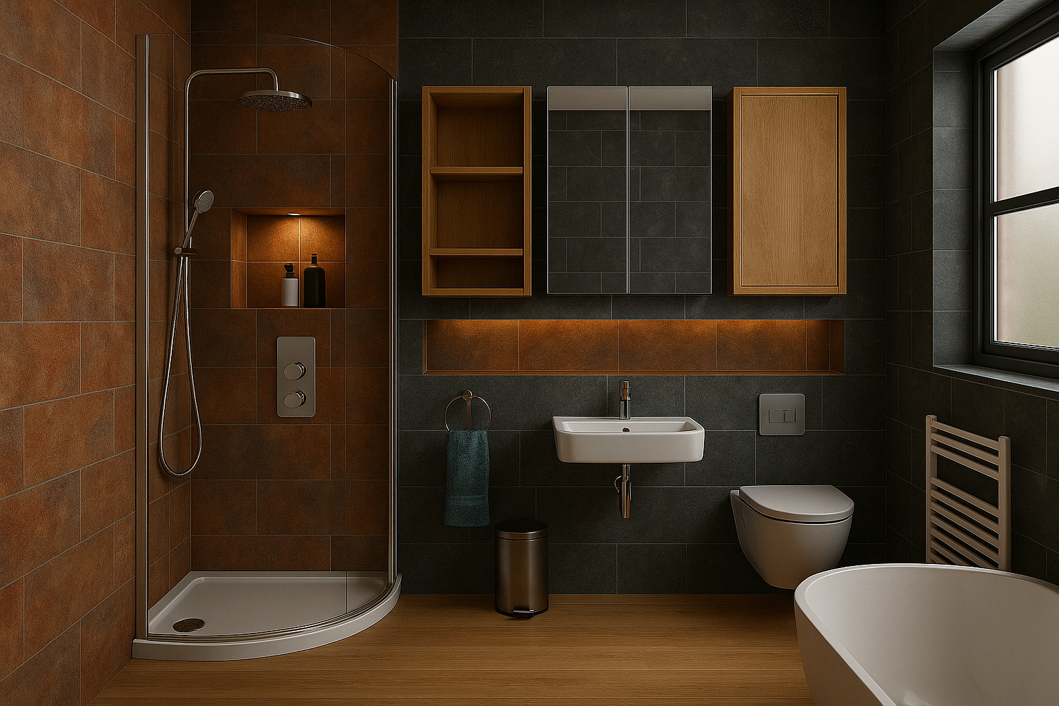 bathroom copper and grey