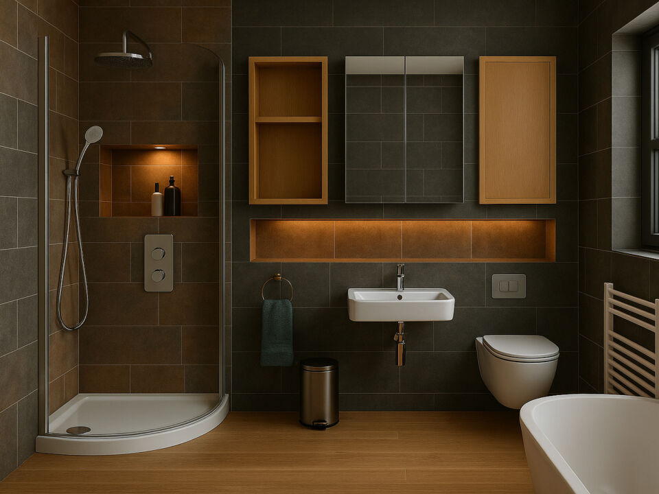 modern bathroom with copper grey tiles